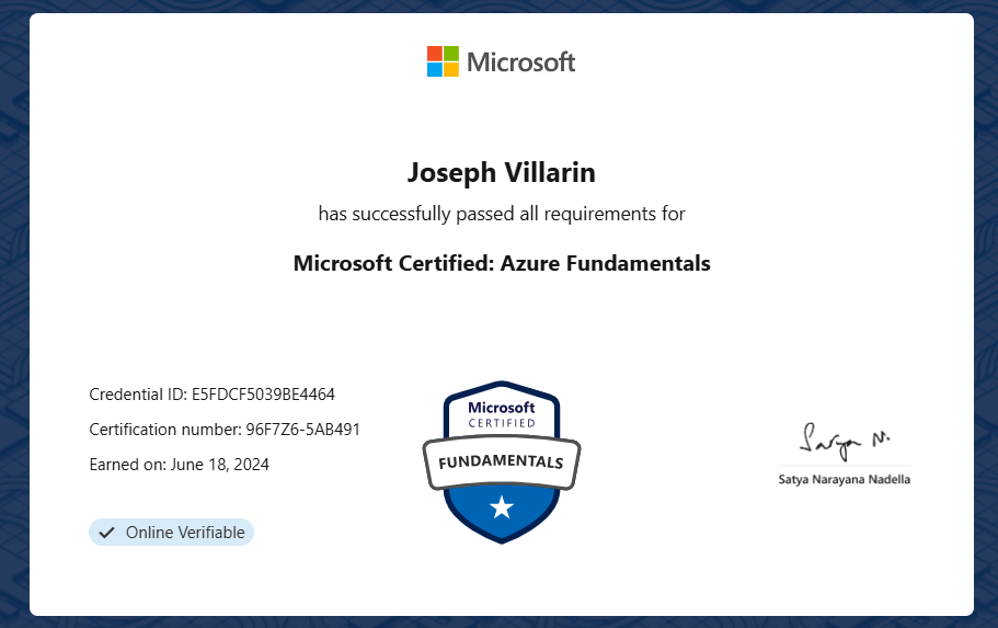 Microsoft Certified Azure Fundamentals certificate